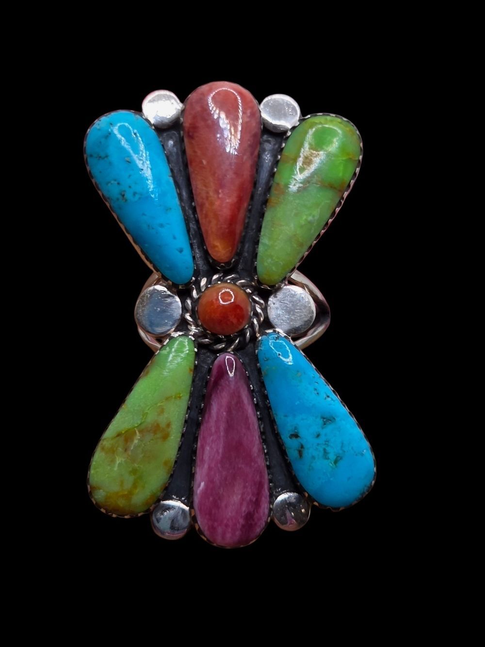 Vintage Southwestern Sterling Silver Multi-Stone Teardrop Ring